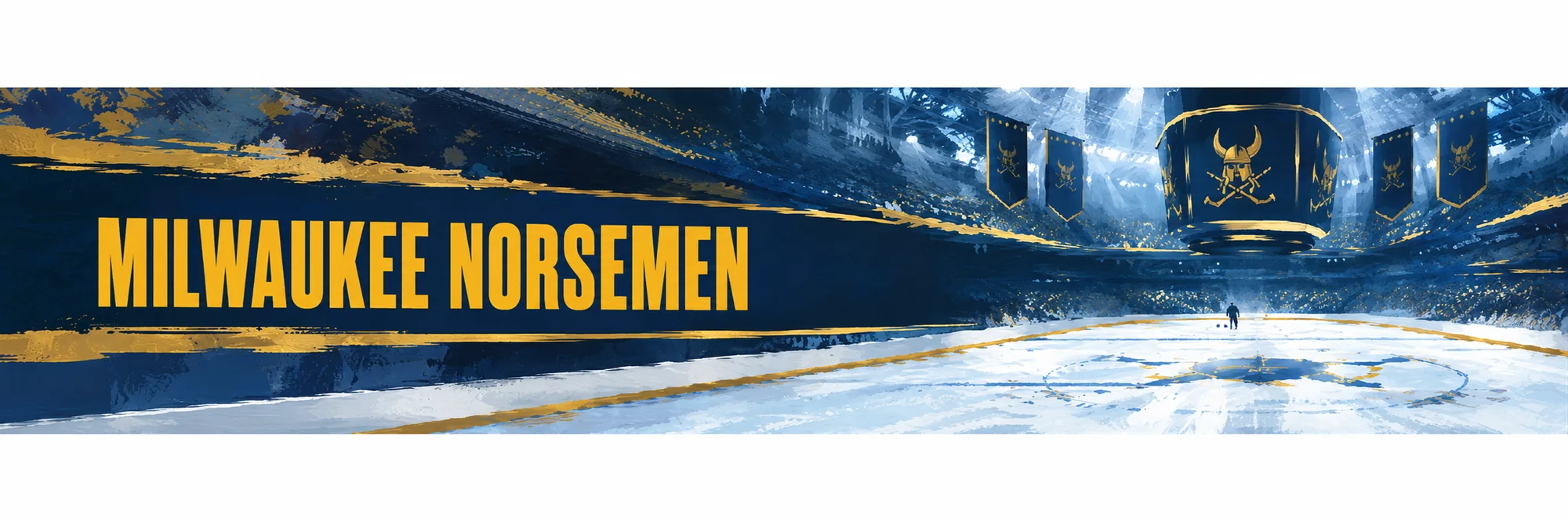 Milwaukee Norsemen — a navy-and-gold hockey arena hung with Norse team banners.