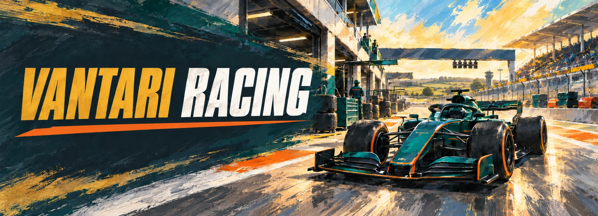 Vantari Racing — a sunlit Formula 1 pit lane and grid in the team's colours, the series title rendered in gold with a racing-red accent.