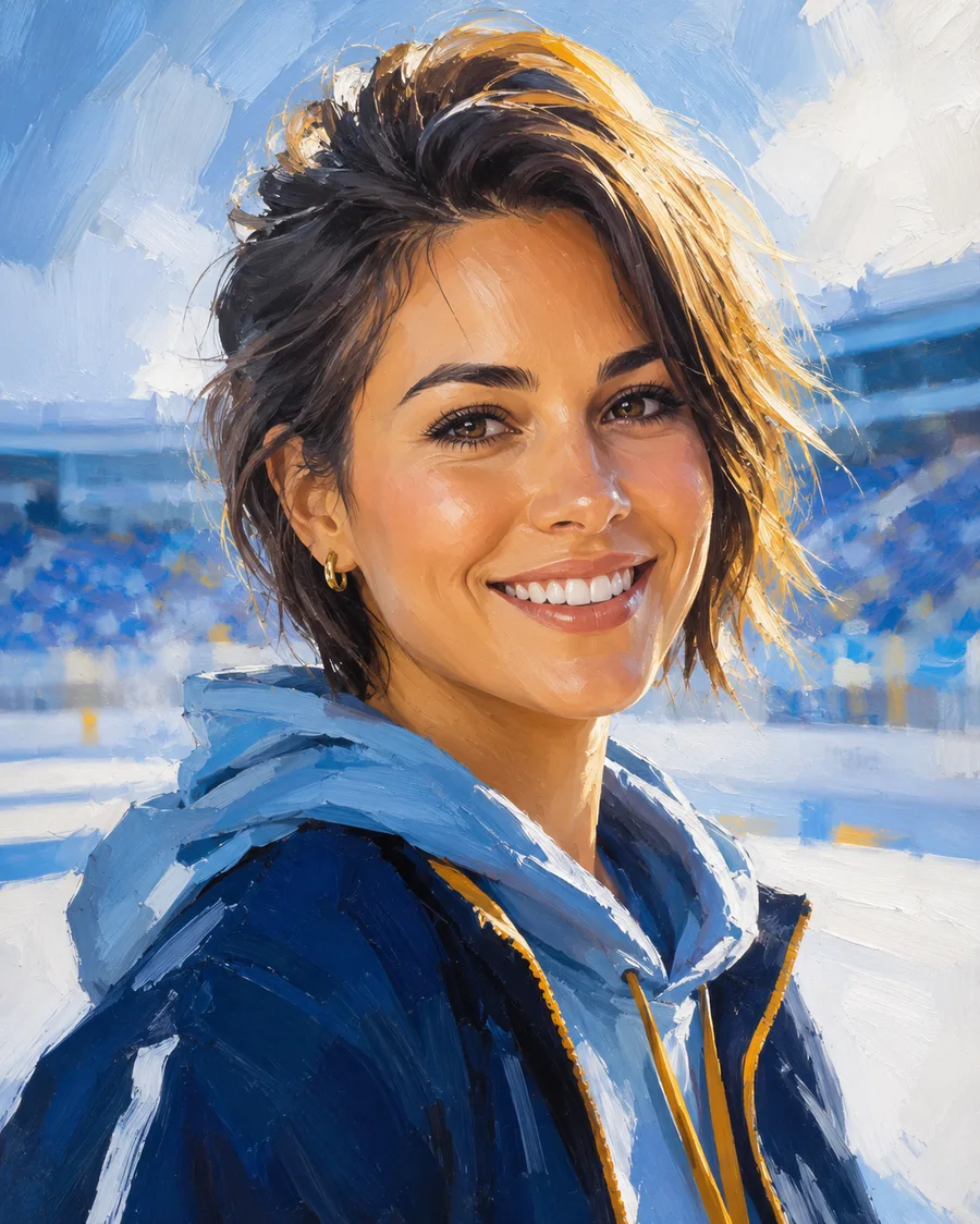 Painterly portrait of author Bri Winters at a bright arena, smiling in a navy and light-blue jacket.