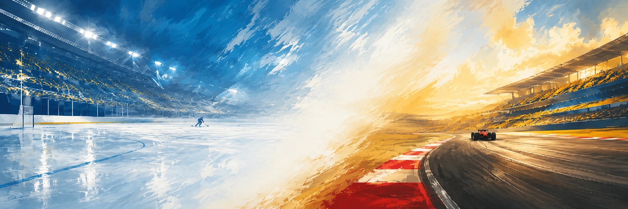A painterly split scene: a bright hockey arena in steel blue and gold on the left, a sunlit racing circuit with a red-accented car on the right.