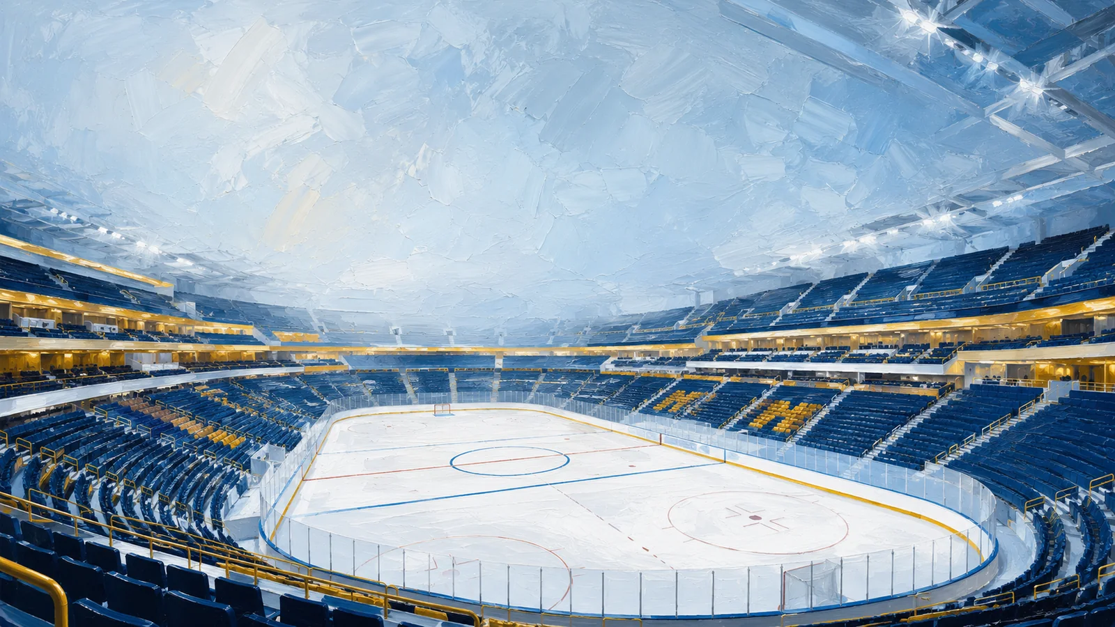The wide interior bowl of a modern hockey arena — tiers of navy-and-gold seats around crisp white ice.