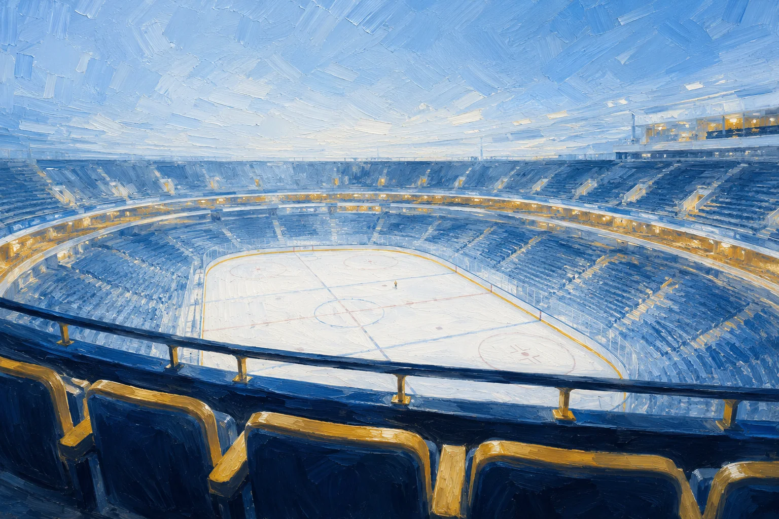 The view of a hockey rink from high in the upper deck, past a navy railing and gold-accented seats.