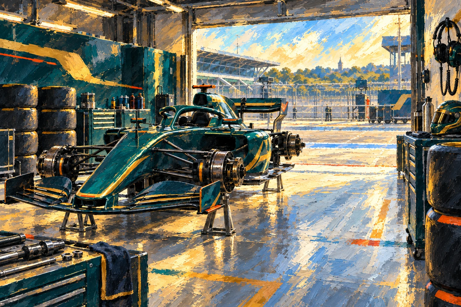 A Formula 1 garage at rest — a car up on stands under warm work-lights, tyre stacks and pit boards along the wall.