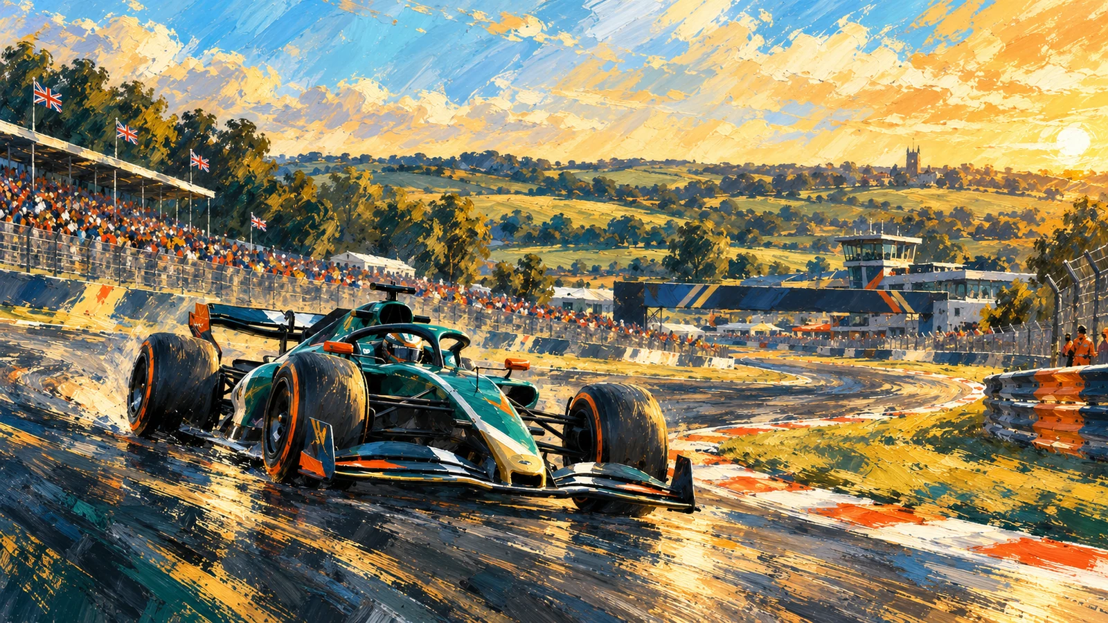 A sunlit Formula 1 circuit at golden hour — an open-wheel car sweeping through a fast curve past the grandstands.
