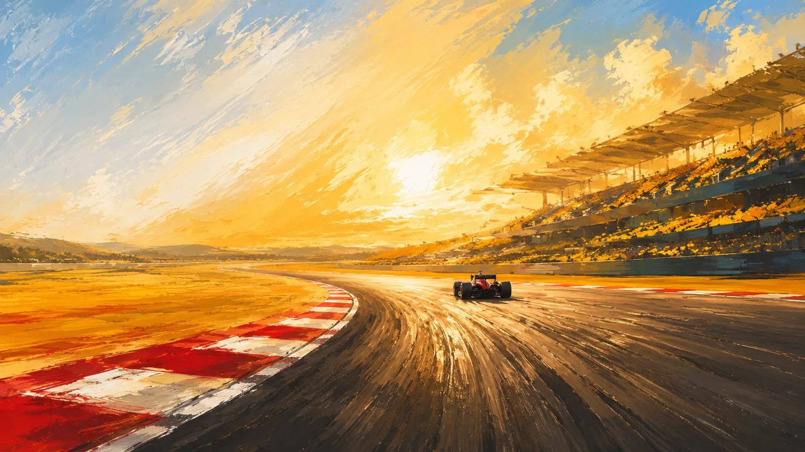 A sunlit racing circuit at golden hour — an open-wheel car sweeping through a curve past packed grandstands.