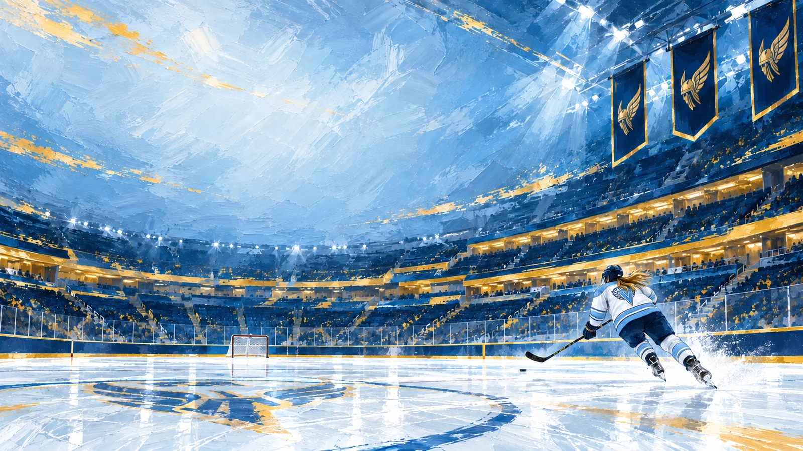 A women's professional hockey scene inside the navy-and-gold Longhouse arena — crisp white ice under cool steel-blue light.